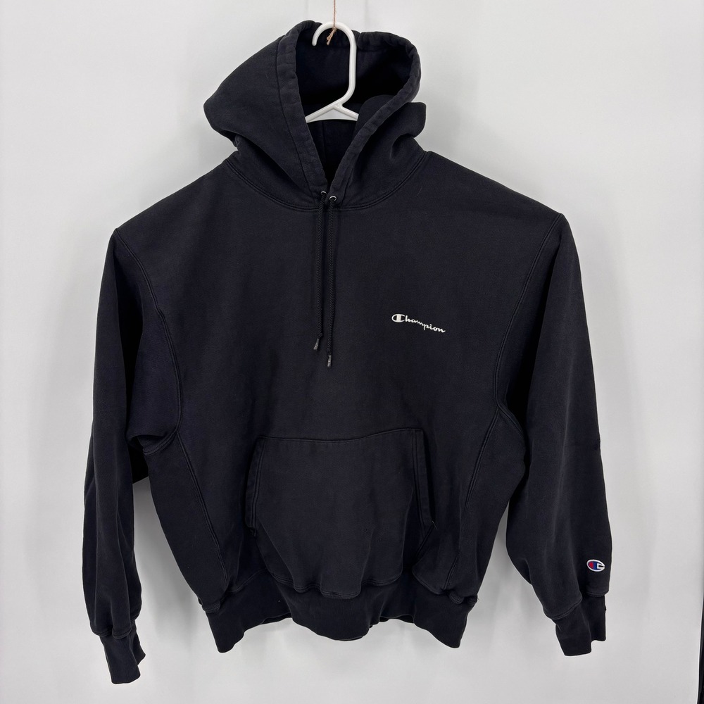 Champion Reverse Weave Hoodie Men Large Black Distressed Grunge Script Logo